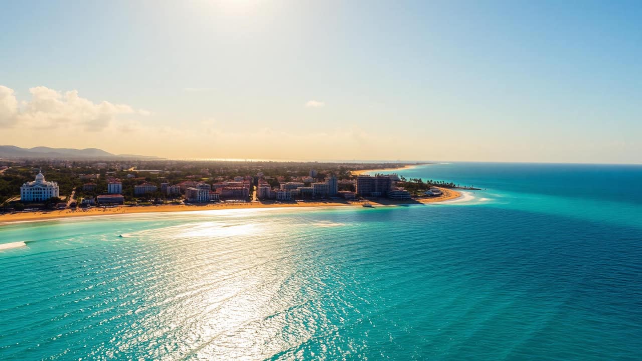 Costa caribeña vista desde el aire al atardecer